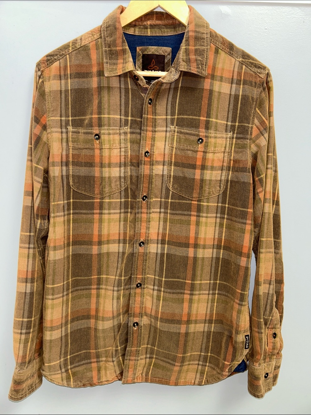 prAna Corduroy Plaid Button Down Long Sleeve Shirt Flannel Tan Orange